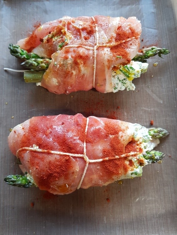 Wrap in Parma ham and tie in parcels.